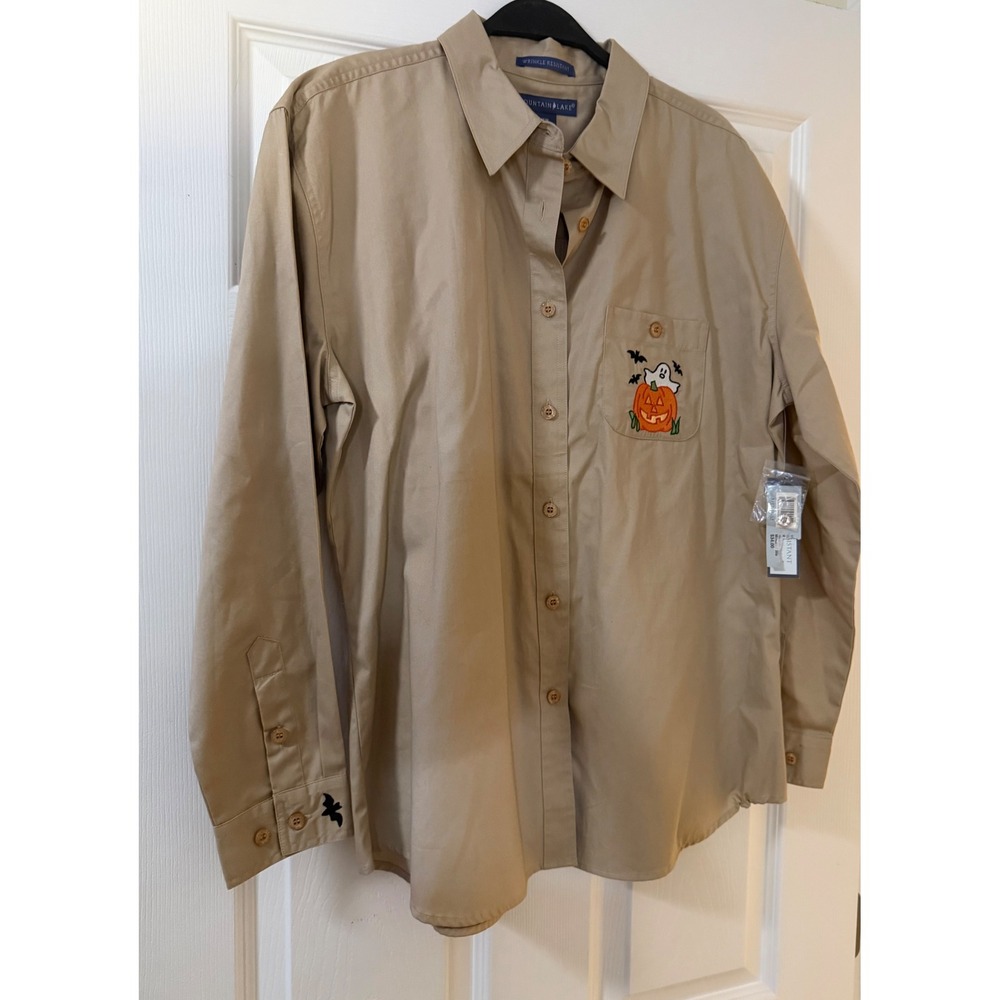 Mountain Lake Mens Medium Tan Halloween Embroidered Pumpkin Ghost Button Shirt